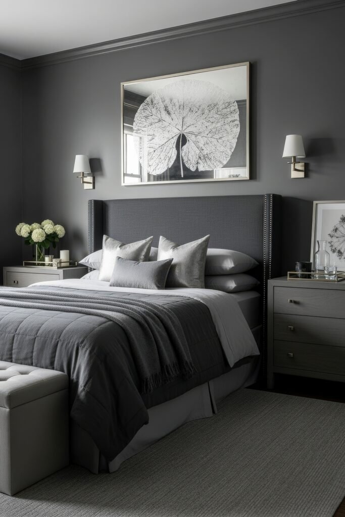 Grey bedroom ideas for a calm, stylish retreat 17 Sophisticated grey bedroom with a sleek upholstered bed, silver pillows, botanical artwork, and symmetrical lighting.