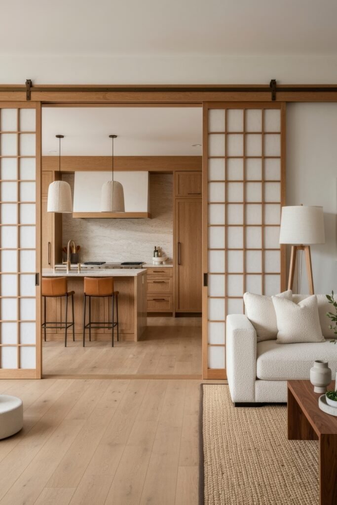 Smart Ways to Style a Kitchen and Living Room Combo 17 Zen-inspired combo space with sliding shoji-style doors separating the kitchen and living area, featuring natural wood tones, minimalist furnishings, and soft ambient lighting.
