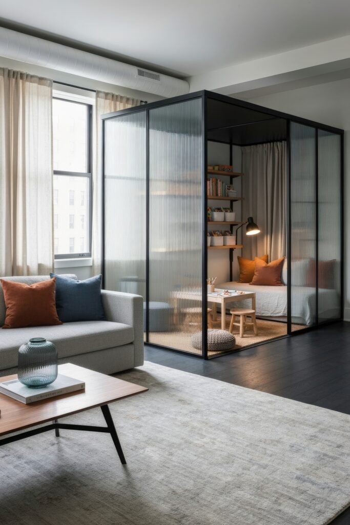 A Living Room Playroom Combo That Works 17 Modern loft-style combo space with a gray sofa, coffee table, and a glass-walled nook containing a play area with books, poufs, and a small table.