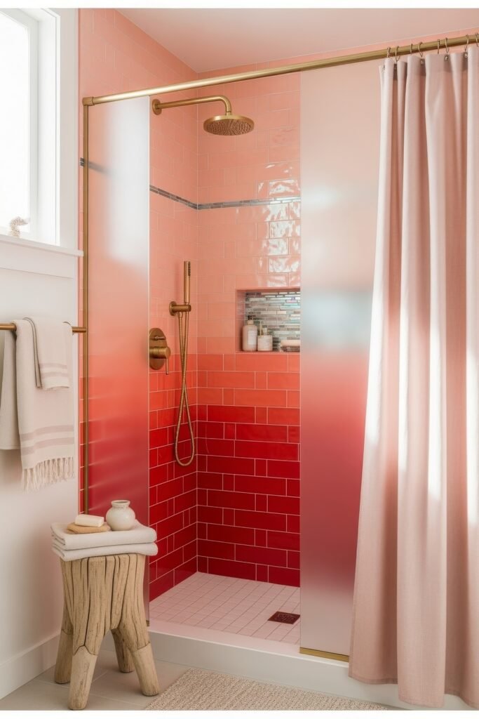 13 Bold Ideas for Red Bathroom Decor That Wow 17 Fresh bathroom with pink-to-red gradient tiles in the shower, brass fixtures, and a rustic wooden stool holding soft towels.