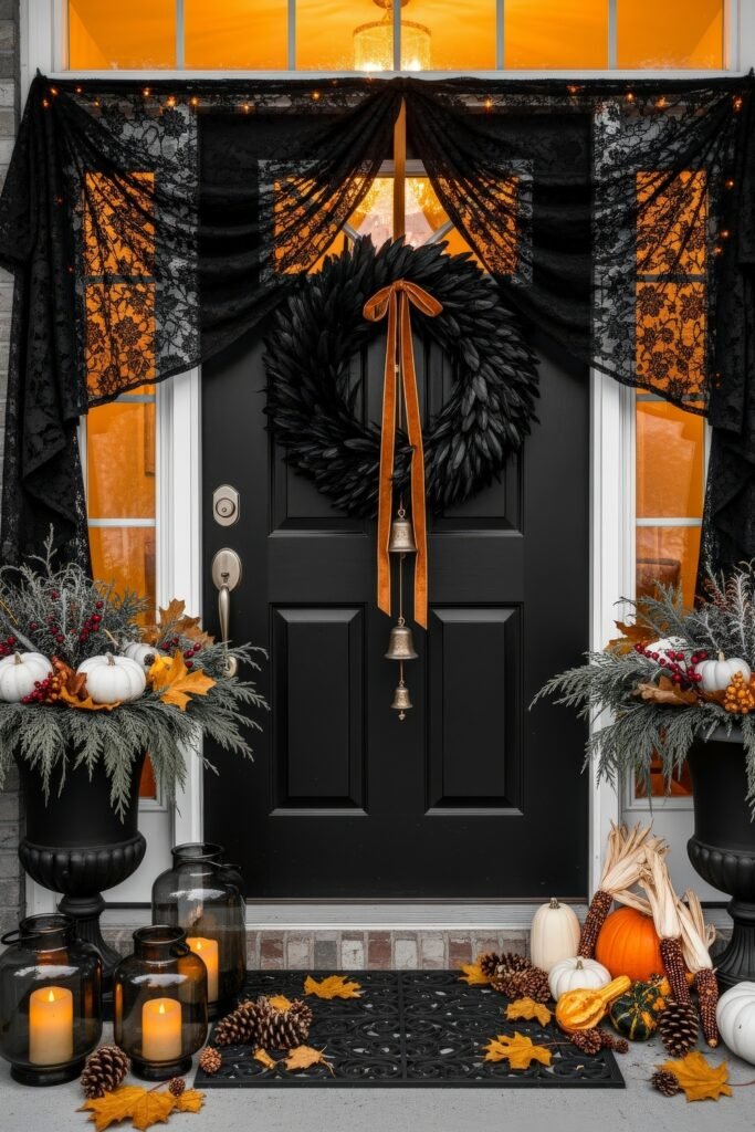 Warm, Modern Thanksgiving Door Decorations to Welcome Fall 12 Black door framed with lace drapery and glowing orange light, featuring a feather wreath with bells and velvet ribbon, flanked by planters of pumpkins, pinecones, and autumn leaves.