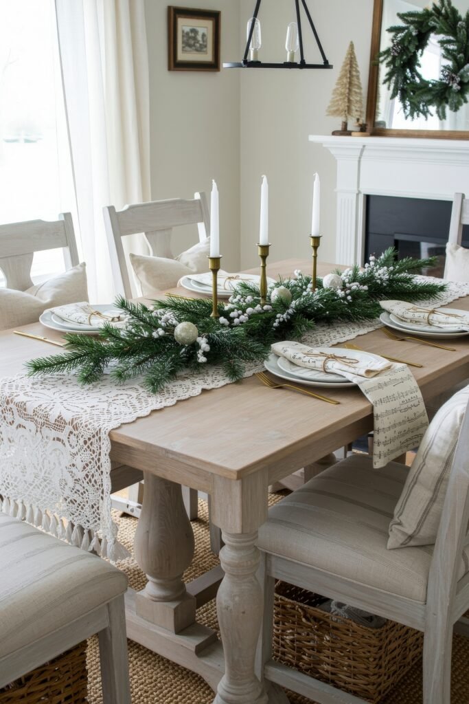Cozy, Collected Magic With Vintage Christmas Decor Ideas 16 Dining room table with lace runner, greenery, candles, and neutral place settings, styled with sheet music napkins for a soft cozy Christmas décor touch.