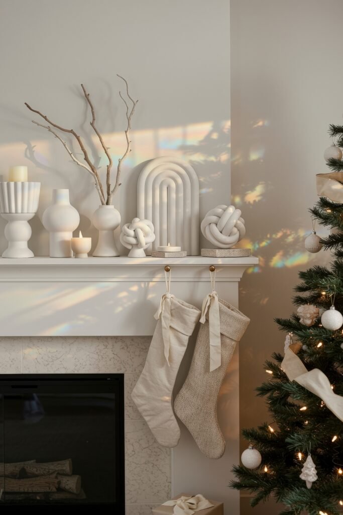 Modern mantel styled in white sculptural décor with candles, branches, and stockings, next to a Christmas tree with neutral ornaments and ribbon.