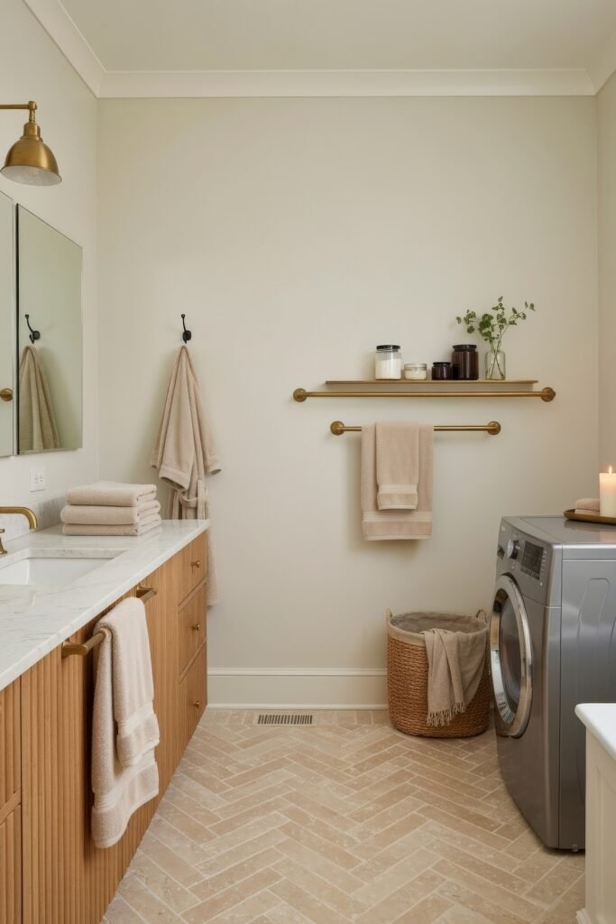 Stylish Small Spaces: Bathroom Laundry Combo 17 Neutral-toned bathroom featuring a vanity with marble countertop, brass fixtures, and a silver washer tucked beside woven storage baskets.
