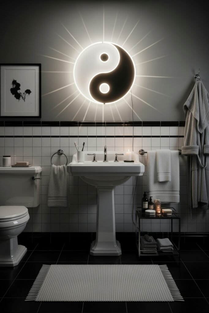 Fresh Ideas for Black and White Bathroom Decor 18 Dramatic black and white bathroom featuring a glowing yin-yang wall light, pedestal sink, tiled walls, and neatly arranged toiletries for a bold, balanced aesthetic.