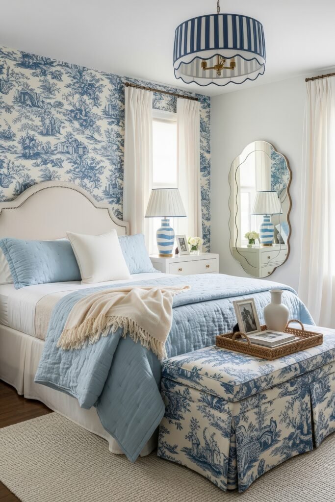Fresh blue bedroom ideas for a calm, chic retreat 19 Elegant bedroom with blue toile wallpaper, white upholstered bed, light blue bedding, and striped drum pendant light.