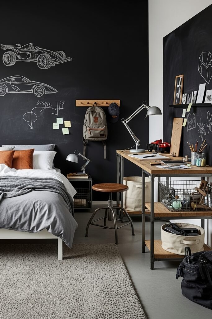 Breezy, Stylish Boys Bedroom Ideas for Modern Families 18 Creative boys bedroom with a chalkboard wall filled with race car sketches, a double desk setup, gray bedding with brown pillows, and plenty of storage for art supplies and school gear.