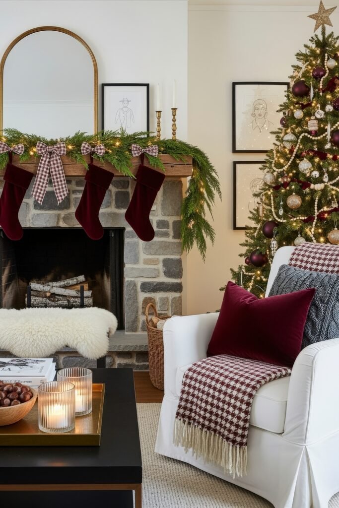 Cozy-Luxe Ideas for Burgundy Christmas Decor 17 Stone fireplace mantel adorned with greenery, plaid bows, and burgundy stockings beside a Christmas tree trimmed in red and gold.