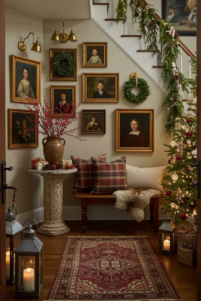 Cozy Christmas Décor for a christmas entryway 19 A warm entryway with a wall of vintage portraits, plaid pillows, lanterns, and a glowing Christmas tree, accented by lush garland and red berry branches for festive charm.