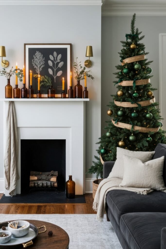 Cozy, Modern Magic for Your christmas living room 18 A chic christmas living room with a tree decorated in green and gold, paired with a white fireplace lined with amber bottles, glowing candles, and botanical artwork.