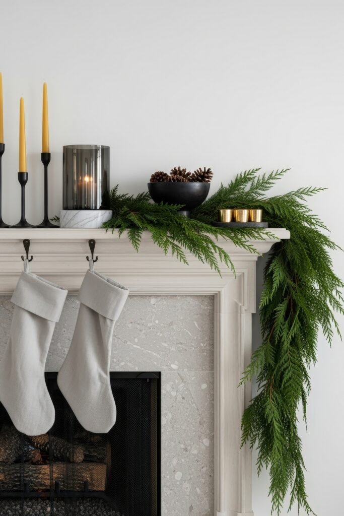 Neutral holiday mantle with golden candles, evergreen garland, black accents, pinecones, and two soft gray stockings hanging below.