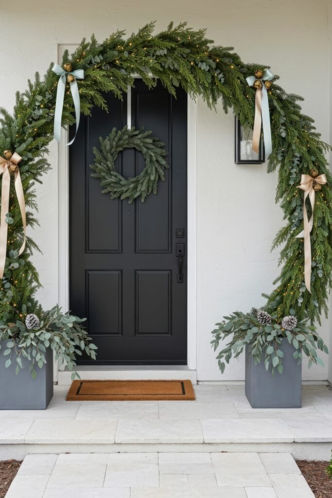 Cozy Entry Magic for christmas porch décor 17 Black door framed by an arch of greenery decorated with pinecones, bells, and ribbons in soft gold and blue, with matching wreath and potted evergreens.