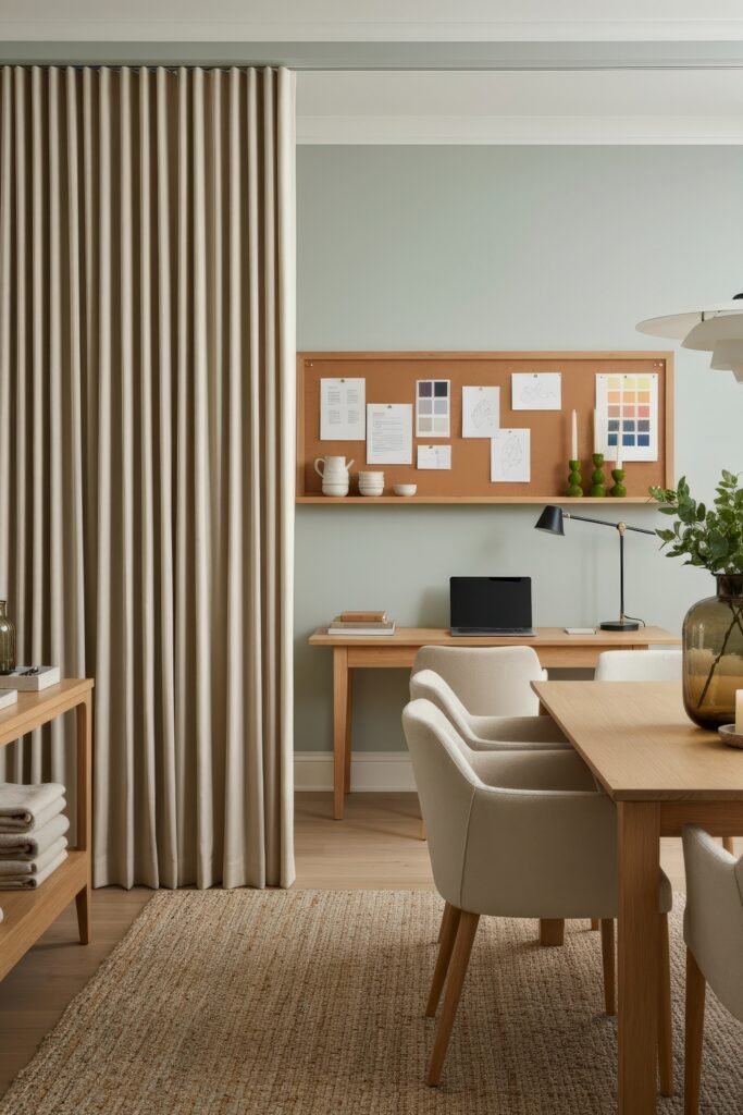 Design-Forward Ways to Style a Dining Room Office Combo 18 Bright dining room with a rectangular wooden table, cream upholstered chairs, and a tucked-away desk against a corkboard wall with pinned sketches and palettes.