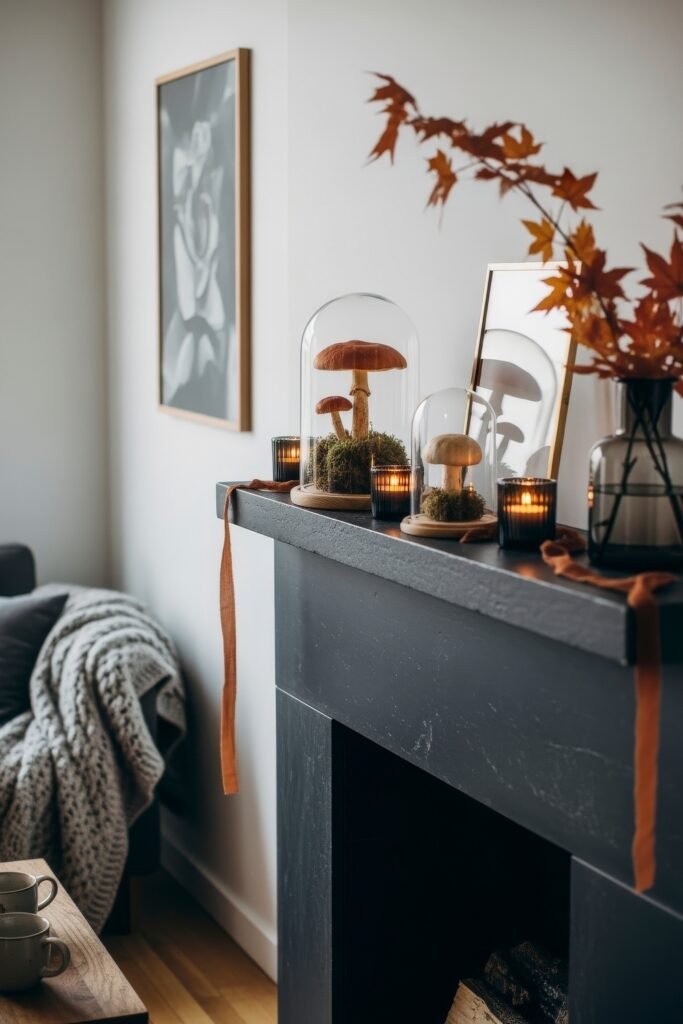 Modern, Cozy Ideas for Fall Thanksgiving Décor 18 A simple black mantel styled with mushroom cloches, candles, and autumn leaves in a vase for a modern Thanksgiving décor.