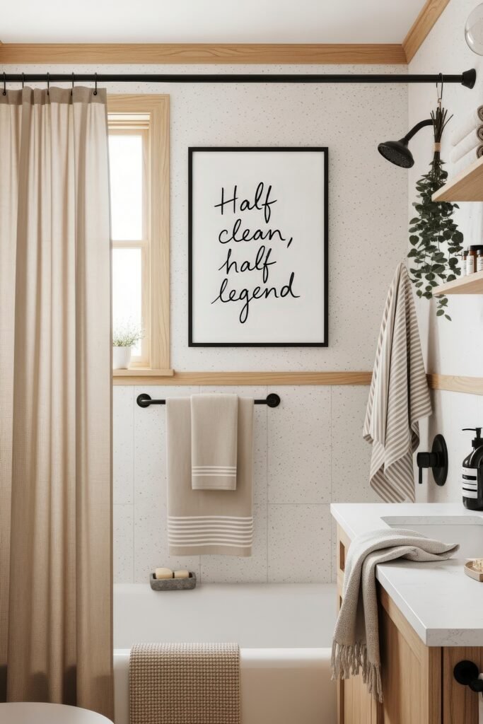 Small Changes, Big Smiles with funny bathroom decor 21 Modern bathroom decor with neutral tones, striped towels, and a framed “half clean, half legend” print adding a funny bathroom decor twist.