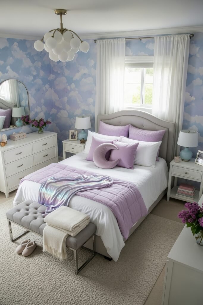 Fresh girls bedroom ideas for a stylish, cozy escape 19 Sky-inspired bedroom with cloud wallpaper, lavender bedding, and a tufted bench at the foot of the bed.