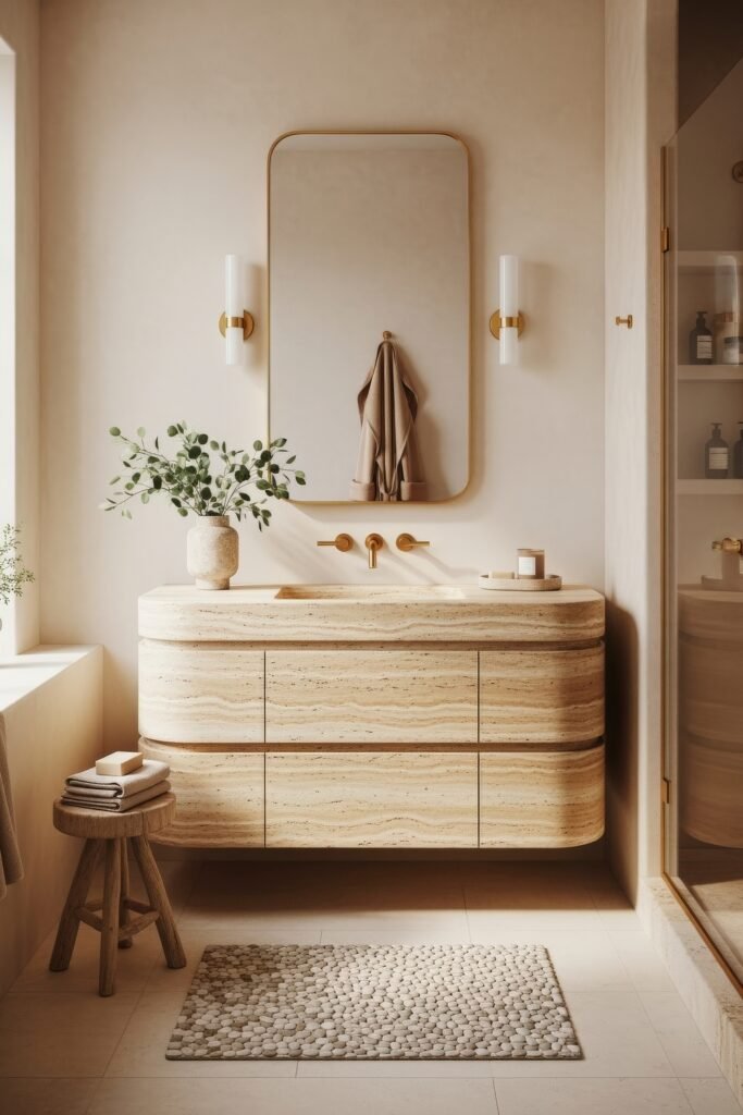 Bathroom Decor Inspo: Fresh Ideas for gold bathroom decor 18 Soft beige bathroom with a rounded travertine vanity, gold fixtures, tall mirror, and stone-textured rug for a serene spa-like feel.