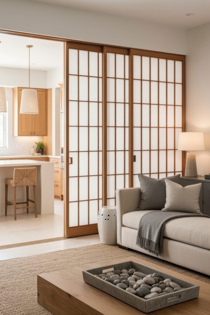 Smart Ways to Style a Kitchen and Living Room Combo 18 Tranquil open-plan room with sliding shoji-style panels, natural textures, and a cozy lounge area with neutral tones, offering a peaceful flow between the kitchen and living spaces.