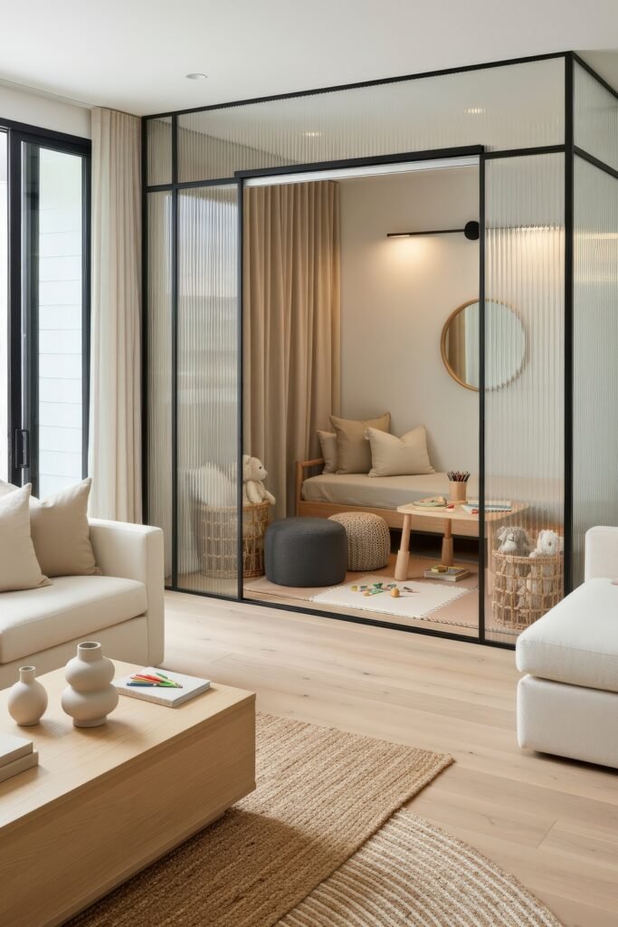 A Living Room Playroom Combo That Works 18 Light-filled family room featuring a sectional sofa, natural textures, and a glass-walled play nook with a low table, toys, and soft seating.