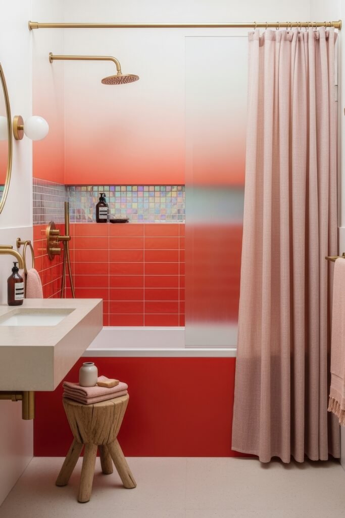 13 Bold Ideas for Red Bathroom Decor That Wow 18 Stylish bathroom featuring a pink-to-red ombre tiled tub-shower, brass fixtures, and soft pink textiles for a warm, modern touch.