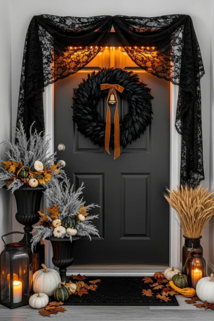 Warm, Modern Thanksgiving Door Decorations to Welcome Fall 13 Black door with black lace and amber lights, centered by a feather wreath with ribbon and bell, accented by urn planters of frosted greenery, pumpkins, wheat, and lanterns.