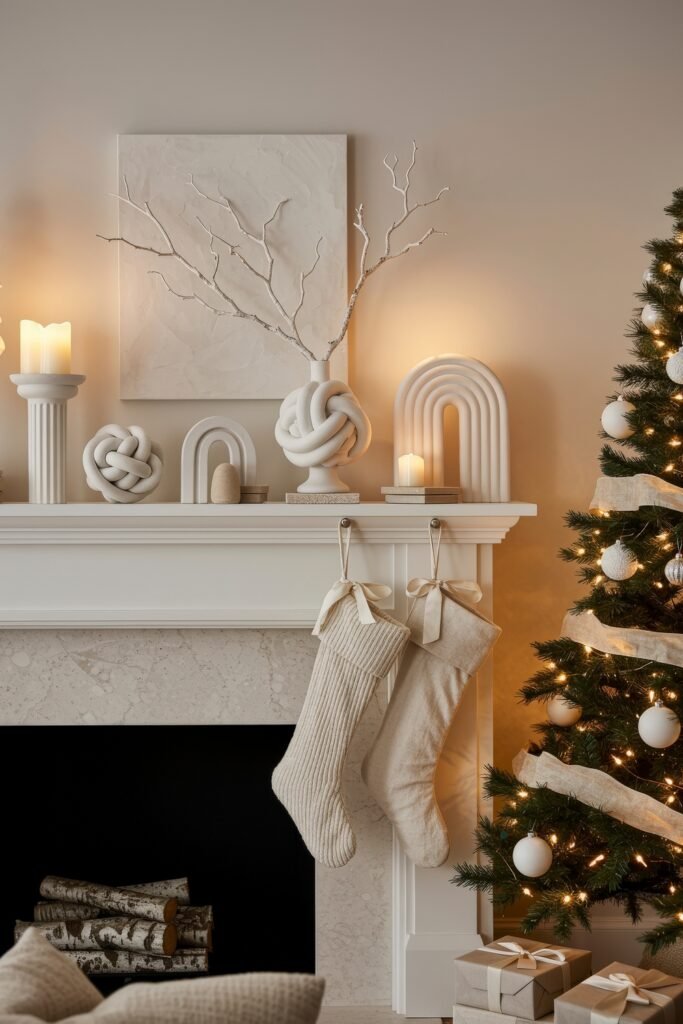 Contemporary fireplace mantel featuring sculptural white décor pieces, candles, and knit stockings, paired with a Christmas tree decorated in white ornaments.