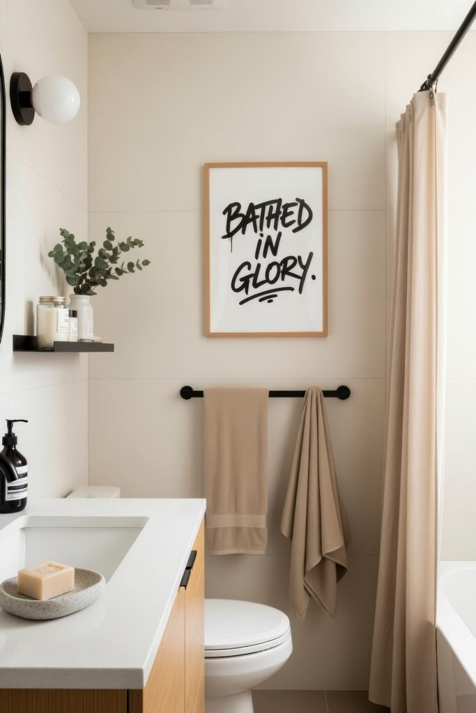 Small Changes, Big Smiles with funny bathroom decor 22 Minimalist bathroom decor in beige and black accents, featuring clean lines and a bold “bathed in glory” wall print for a witty touch.