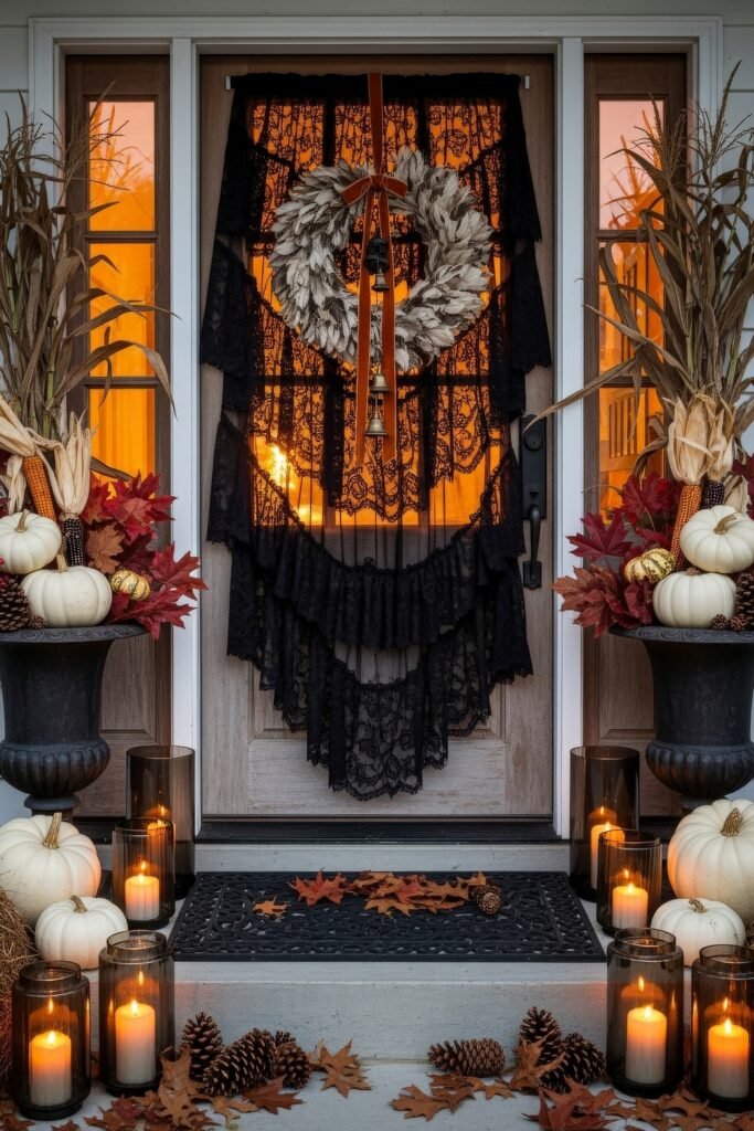 Warm, Modern Thanksgiving Door Decorations to Welcome Fall 14 Light wood door draped with layered black lace, showcasing a feather wreath with bells, framed by cornstalks, white pumpkins, red leaves, and rows of glowing candles.