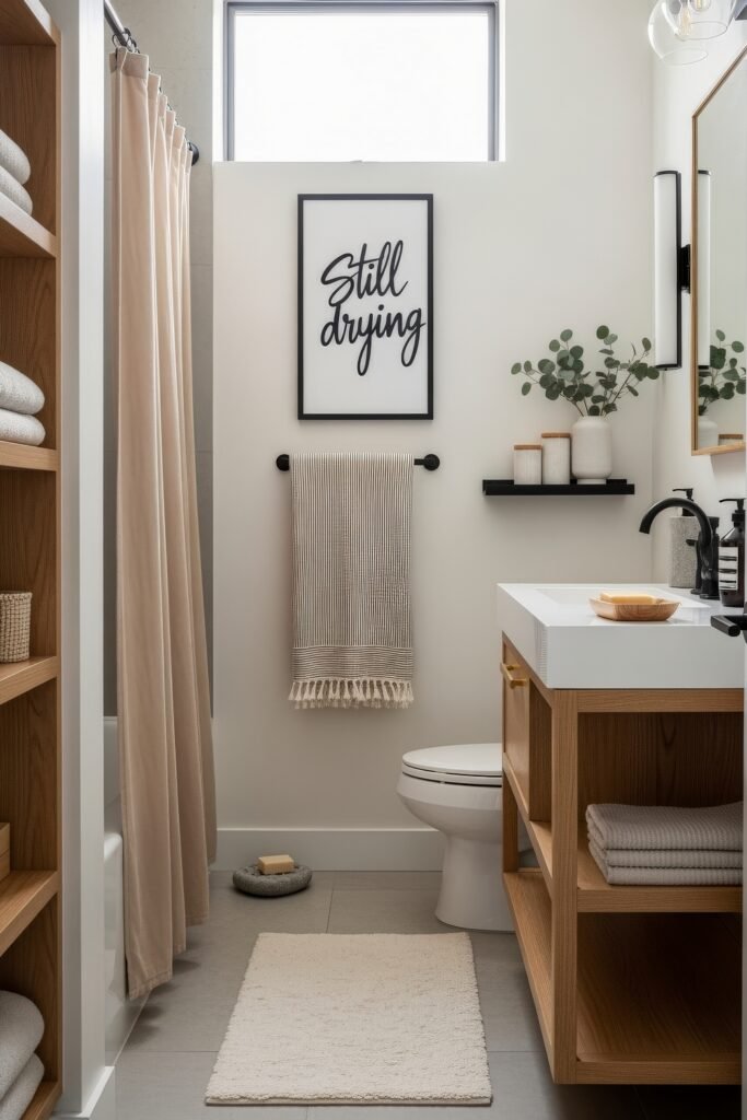 Small Changes, Big Smiles with funny bathroom decor 23 Simple bathroom decor with wood shelving, neutral textiles, and a framed “still drying” sign bringing in lighthearted, funny bathroom decor style.