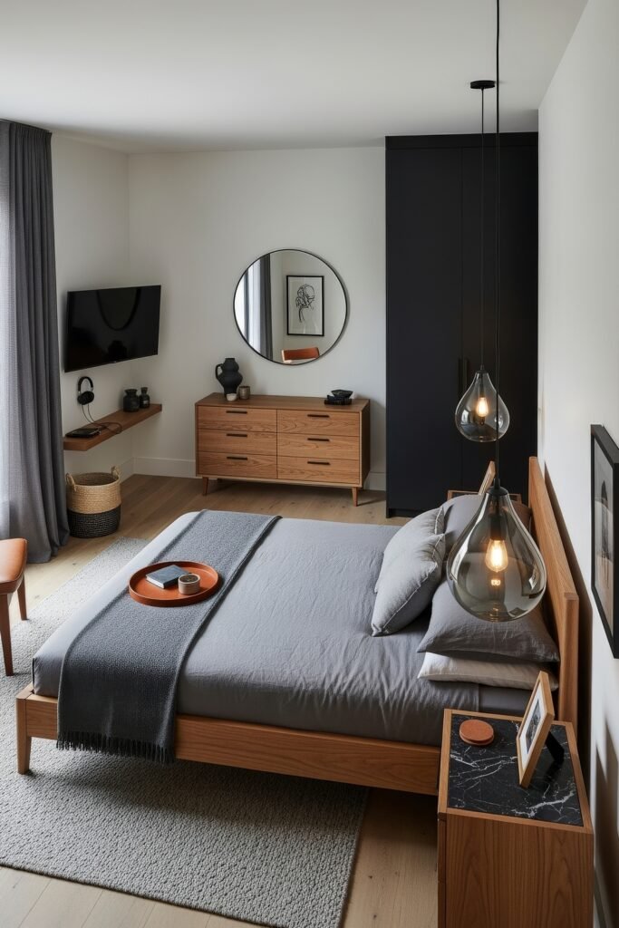 Effortlessly Stylish bedroom ideas for men That Feel Personal 17 Modern masculine bedroom featuring a wood bed with gray bedding, pendant lights, a wood dresser with round mirror, and cozy layered rugs.