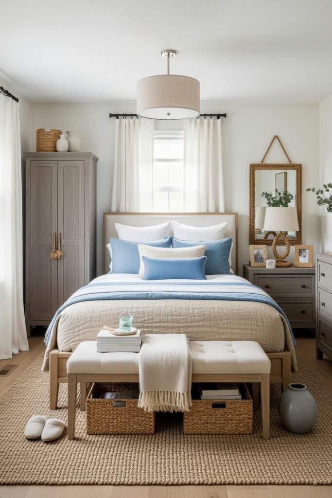 Modern farmhouse bedroom with beige and blue bedding, wicker baskets for storage, and rustic accents.
