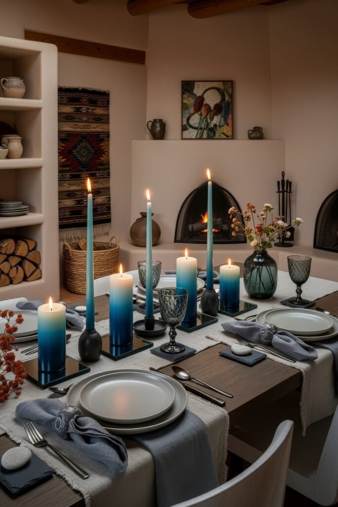 Fresh Ways to Style Blue Thanksgiving Table Décor 15 Southwestern-style table with ombre blue candles, gray napkins, pottery accents, and a glowing fireplace in the background.