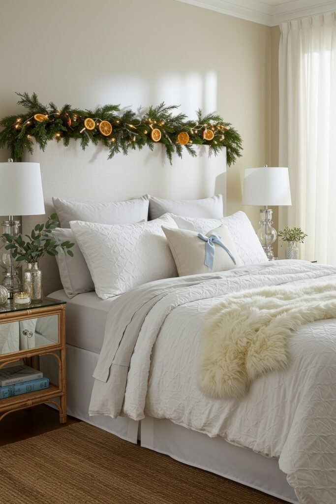 Elevate Your Bedroom with Cozy Christmas Bedding 17 White quilted bedding with fur throw and soft blue accent pillow, paired with a citrus and evergreen garland for bright Christmas bedding style.