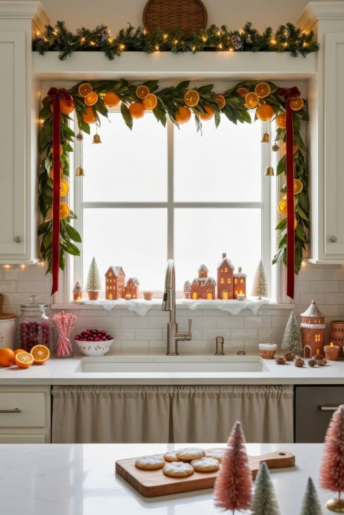 Cozy Ways to Style a Christmas Kitchen That Feels Magical 13 Bright farmhouse kitchen window framed by a garland of oranges and bells, with glowing ceramic village houses on the sill and festive treats like candy canes and cranberries on the counter.