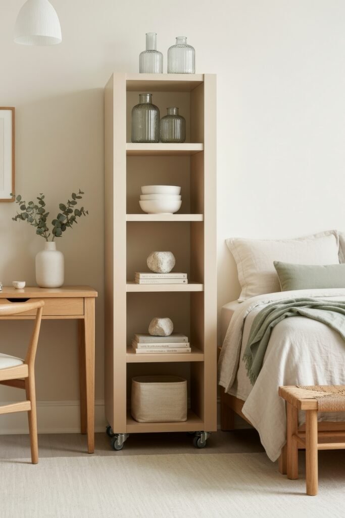 Clever Ways to Style a Home Office Guest Room Combo 16 Light and airy combo space with a bed, rolling shelf for storage, and a simple wood desk, styled in soft neutrals with green accents.