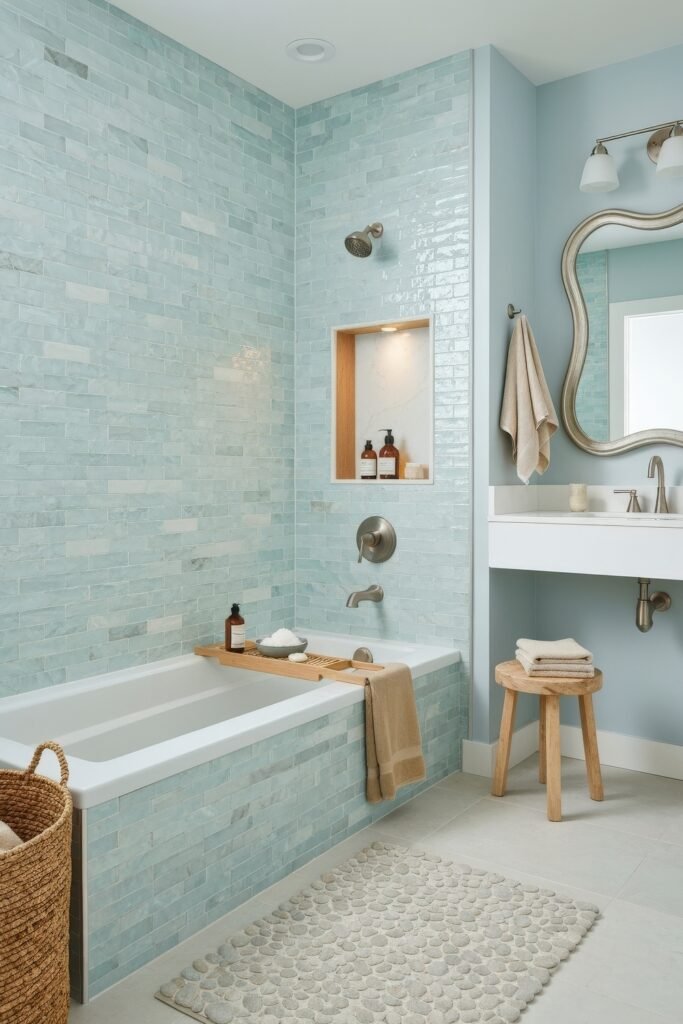 Fresh, Stylish Ways To Elevate Your Tub Shower Combo 18 Serene bathroom with aqua blue tiled tub shower combo, brushed nickel fixtures, built-in niche with bottles, and pebble-style bath mat.