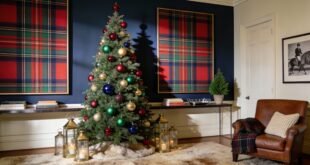 A tall Christmas tree decorated with red, green, gold, and blue ornaments stands on a faux fur tree skirt, surrounded by candle lanterns in a living room with navy walls, large tartan panels, and leather armchair draped with a plaid throw, evoking a ralph lauren christmas tree style.