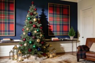 A tall Christmas tree decorated with red, green, gold, and blue ornaments stands on a faux fur tree skirt, surrounded by candle lanterns in a living room with navy walls, large tartan panels, and leather armchair draped with a plaid throw, evoking a ralph lauren christmas tree style.