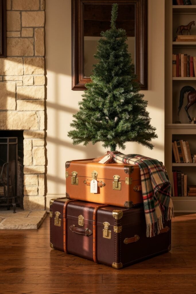 A small undecorated Christmas tree sits atop two stacked vintage leather trunks beside a stone fireplace, with a classic plaid blanket draped casually, blending rustic charm with understated Christmas décor.
