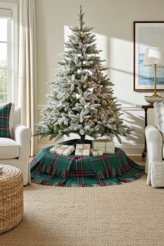 A frosted Christmas tree glows with white lights, placed between white armchairs in a bright room, with neatly wrapped gifts on a green and red tartan tree skirt that adds a touch of ralph lauren christmas tree elegance.