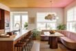 Kitchen Dining Room Combo Ideas That Feel Effortless 156 Warm and inviting kitchen dining room combo featuring wood cabinetry, a long island with bar stools, and a curved banquette with a wood table under a cloud-shaped pendant light, surrounded by natural light and houseplants.