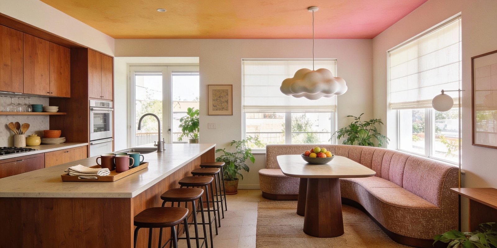 Warm and inviting kitchen dining room combo featuring wood cabinetry, a long island with bar stools, and a curved banquette with a wood table under a cloud-shaped pendant light, surrounded by natural light and houseplants.