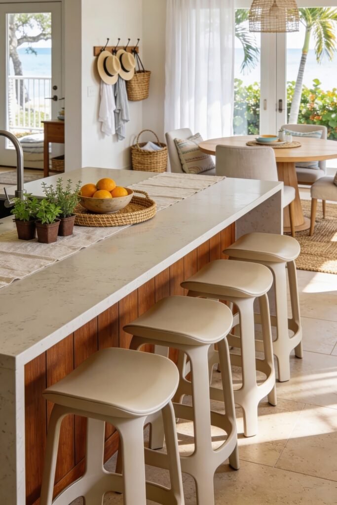 Kitchen Dining Room Combo Ideas That Feel Effortless 2 Airy coastal kitchen dining room combo with a stone island, beige bar stools, and a round dining table set near glass doors that open to ocean views, with straw hats and baskets adding a casual beachy touch.