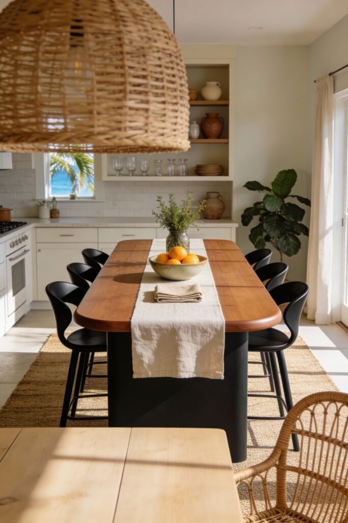 Kitchen Dining Room Combo Ideas That Feel Effortless 3 Sunlit combo space with a wood-top island surrounded by black chairs, woven pendant lighting, and white cabinetry, offering a relaxed kitchen dining room combo with ocean views.