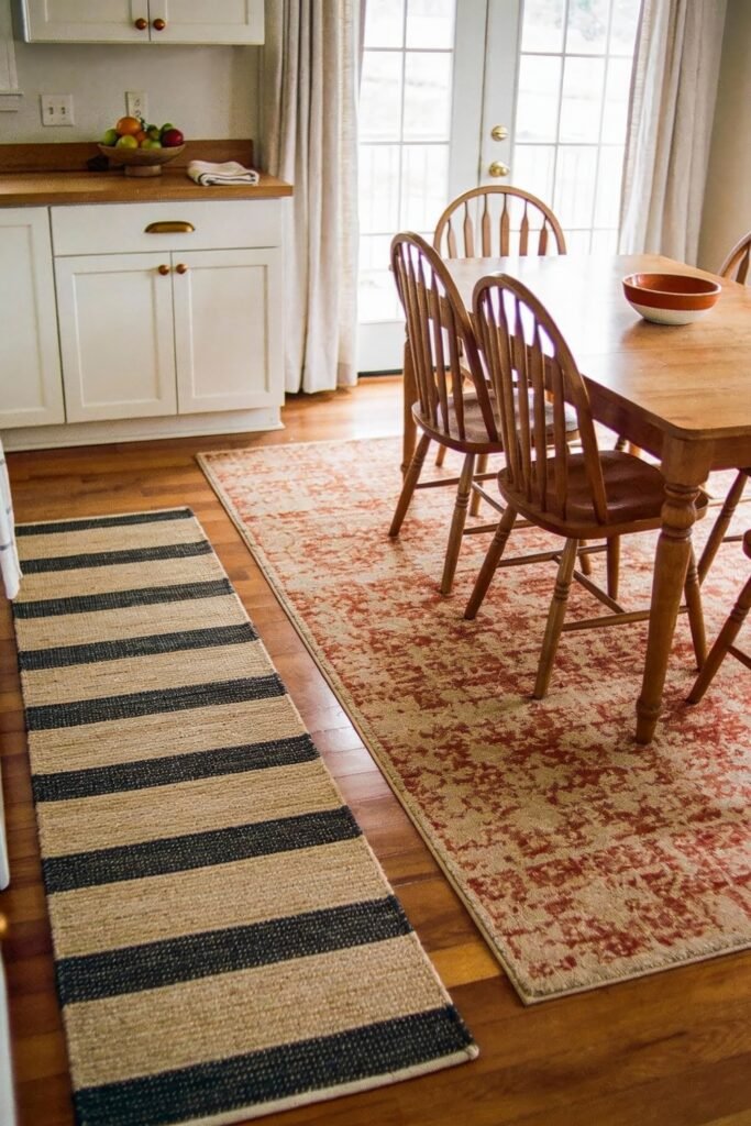 Kitchen Dining Room Combo Ideas That Feel Effortless 20 Traditional kitchen dining room combo with spindle-back chairs, warm wood table, layered rugs, and French doors, blending vintage comfort and practical design.