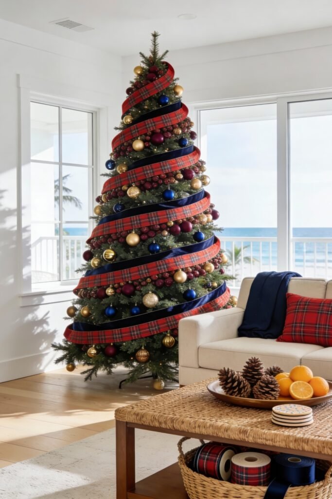 A tall Christmas tree spiraled with bold red tartan and navy ribbon is adorned with gold, red, and blue ornaments, set in a sunlit coastal room with plaid pillows and a view of the ocean, presenting a fresh take on the ralph lauren christmas tree.