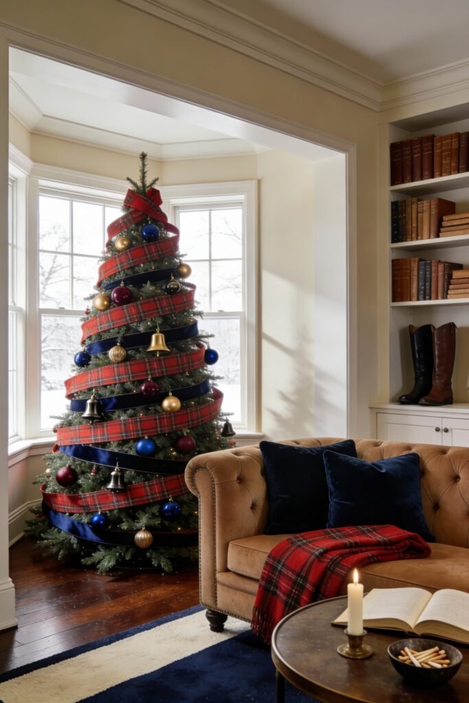 A Christmas tree wrapped in tartan and navy velvet ribbon with gold bells and bright ornaments sits in a window alcove beside a tufted leather sofa draped with a red plaid throw, radiating rich ralph lauren christmas tree warmth.