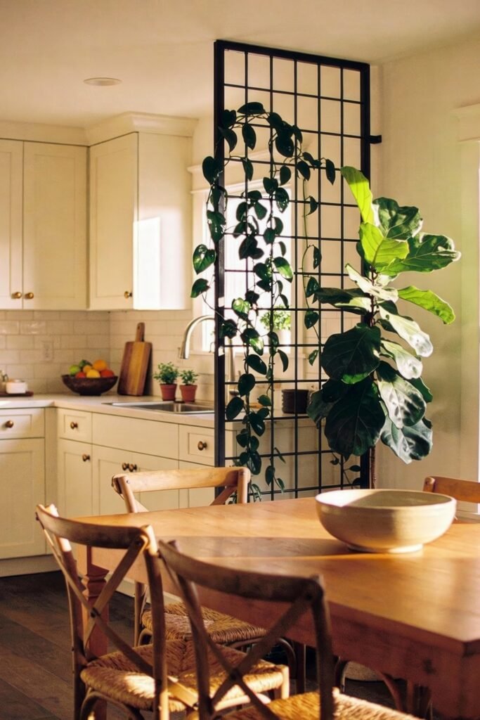 Kitchen Dining Room Combo Ideas That Feel Effortless 22 Earthy and warm kitchen dining combo with white cabinetry, a wood table with cross-back chairs, and a grid trellis dividing the space, adorned with climbing greenery and potted herbs.