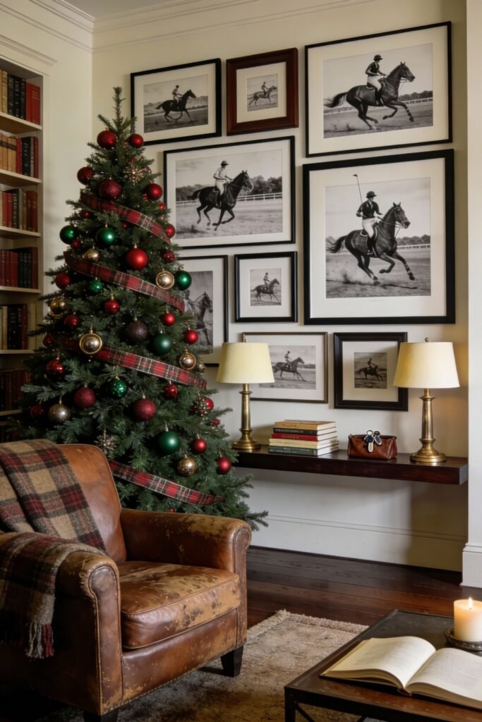 A traditional Christmas tree adorned with red, green, and gold ornaments and plaid ribbon stands in a study surrounded by equestrian-themed artwork, next to a worn leather chair with a plaid blanket, embodying the essence of a ralph lauren christmas tree.