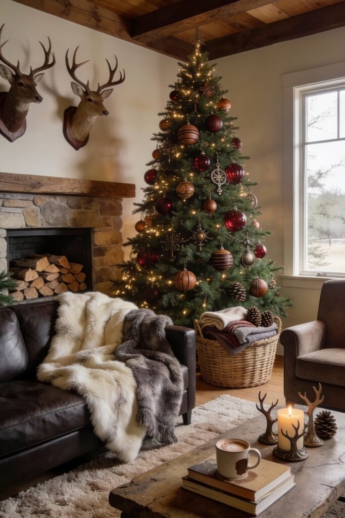 A rustic Christmas tree adorned with wood-toned and deep red ornaments glows beside a stone fireplace and leather sofa draped in faux fur, evoking cozy lodge-style Christmas décor.